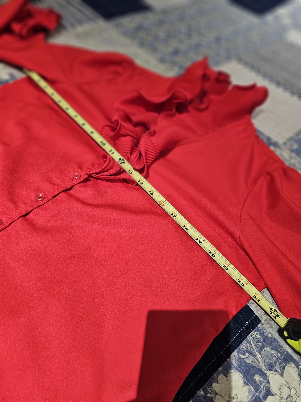 Women's Red Ruffle V-Neck Button Front Blouse - Picture 8 of 10